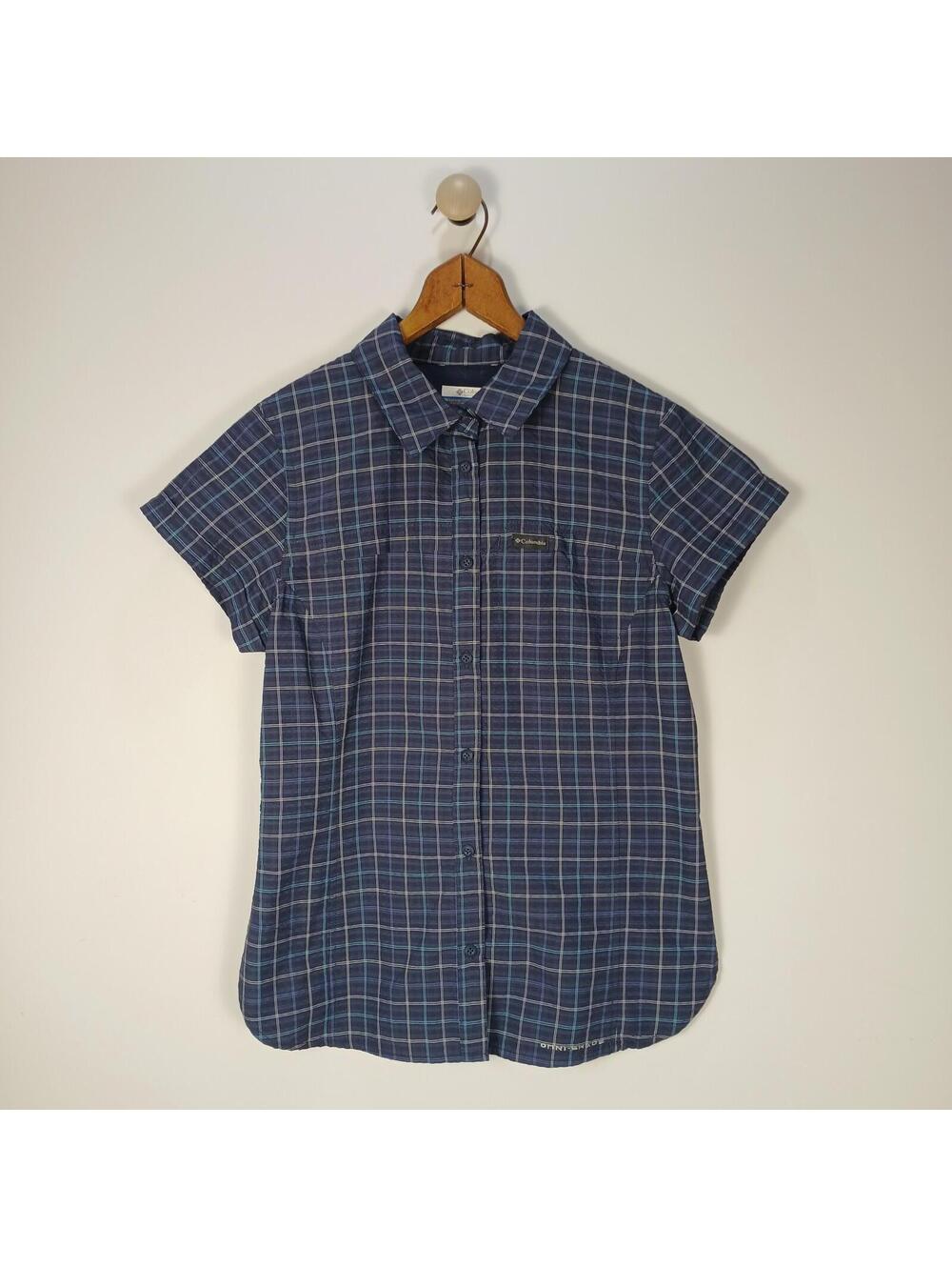 Columbia Omni Shield Shirt Womens Small Blue Plaid Short Sleeve Hiking Travel